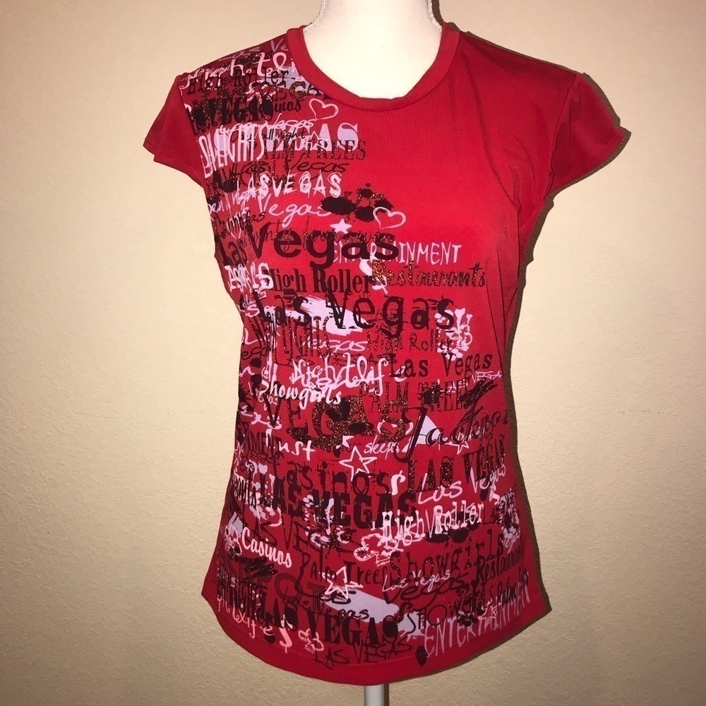 LAS VEGAS red silky short sleeved blouse medium